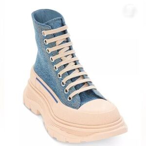 Alexander McQueen Denim High-Top Platform Sneaker in Light Blue and Beige